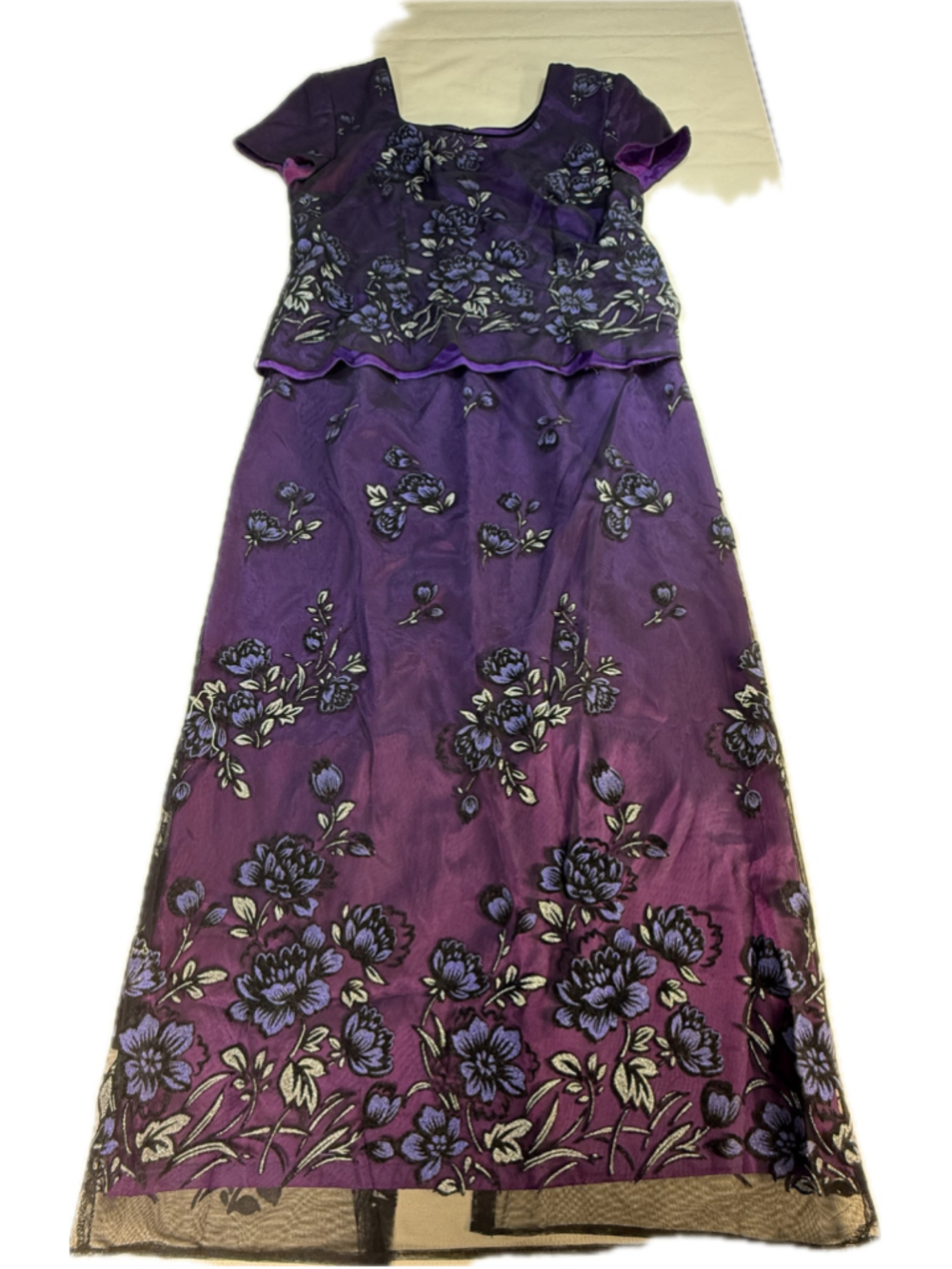 Tahari Dress Size 12 Purple Floral Embroidered Mesh Maxi Gown Formal Evening